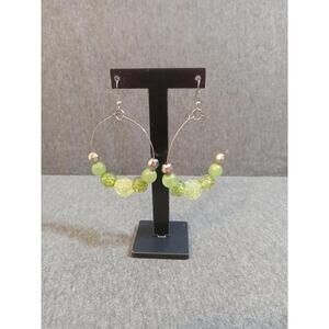 Hoop Beaded Earrings Silver Green Glass Crackle Boho Style Fishhook